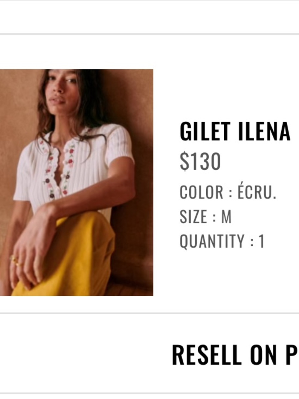Sezane Gilet Ilena White Ribbed Short-Sleeve Cardigan with Floral Embroidery - Picture 7 of 8